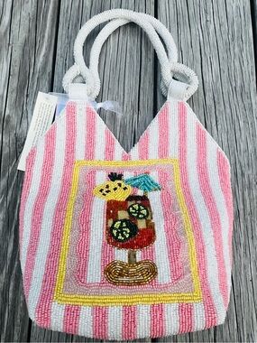 Beaded Pink & White Striped Tote Bag - Handmade in India - TikTok Viral